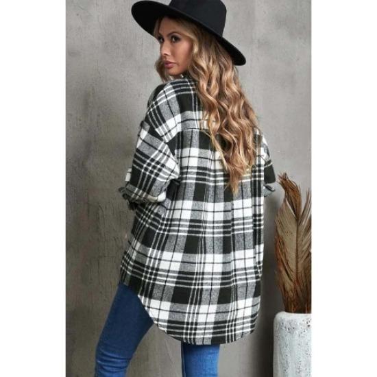 Autumn and Winter Women's Plaid Shirt Jacket Lapel Single-breasted Shirt Commuter Loose Plaid Tweed Jacket