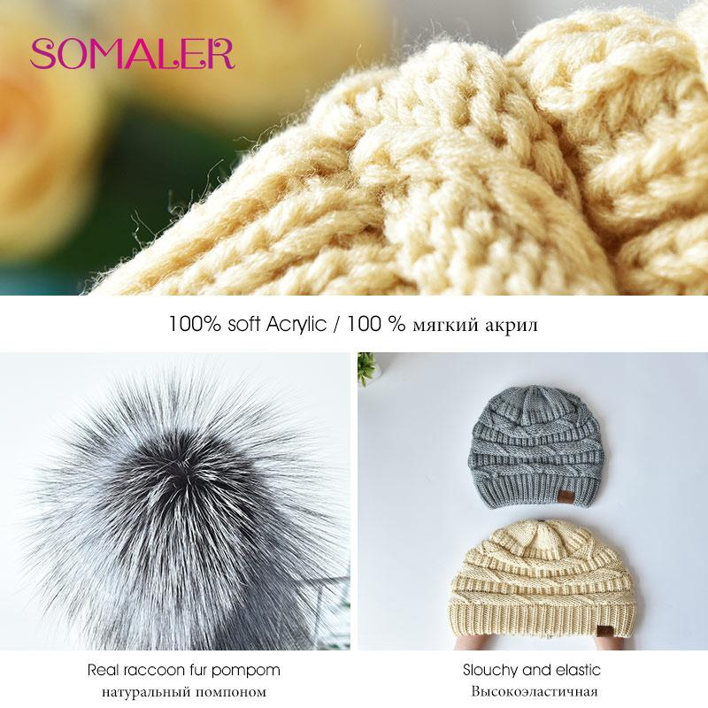 SOMALER Шапки с помпоном из натурального меха енота для женщин, зимние теплые вязаные шапочки с напуском, женская мешковатая лыжная кепка