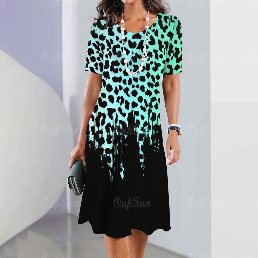 Женская мини-юбка с леопардовым принтом, модные летние платья до колена, уличные элегантные игривые платья 2023 года с круглым вырезом, женские топы, пуловеры