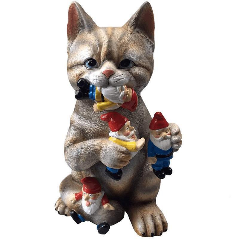 Enchanting Resin Garden Statue Of Cat Eating Dwarf Nordic Hand Painted