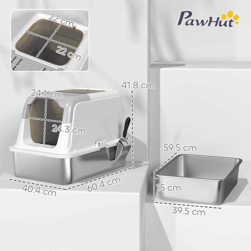 Enclosed Cat Litter Box with 2 Entrances, Deodorizer and Scoop, 60.4 x 40.4 x 41.8 cm, White and Grey