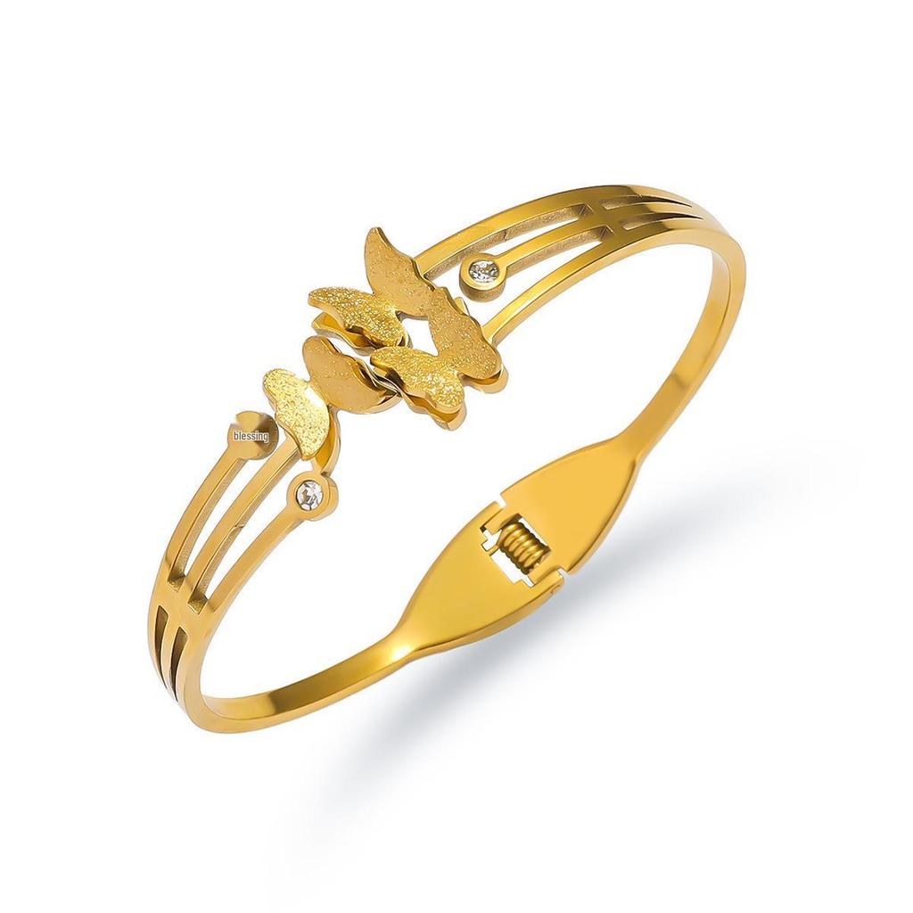 European-American Stainless Steel Butterfly Bracelet with Gold Edge - Fashionable Women's Openable Jewelry