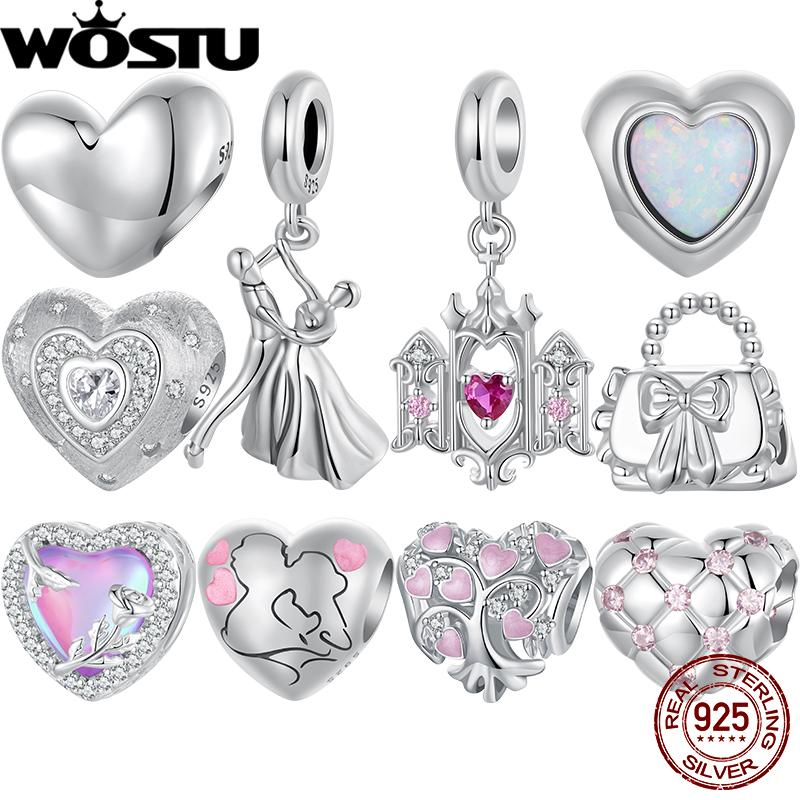 WOSTU Шарм из серебра 925 пробы Розовое Сердце Подвеска для Влюбленных Пары Свадебная Опаловые Бусины Подходит для Браслета DIY Подарок на День Святого Валентина