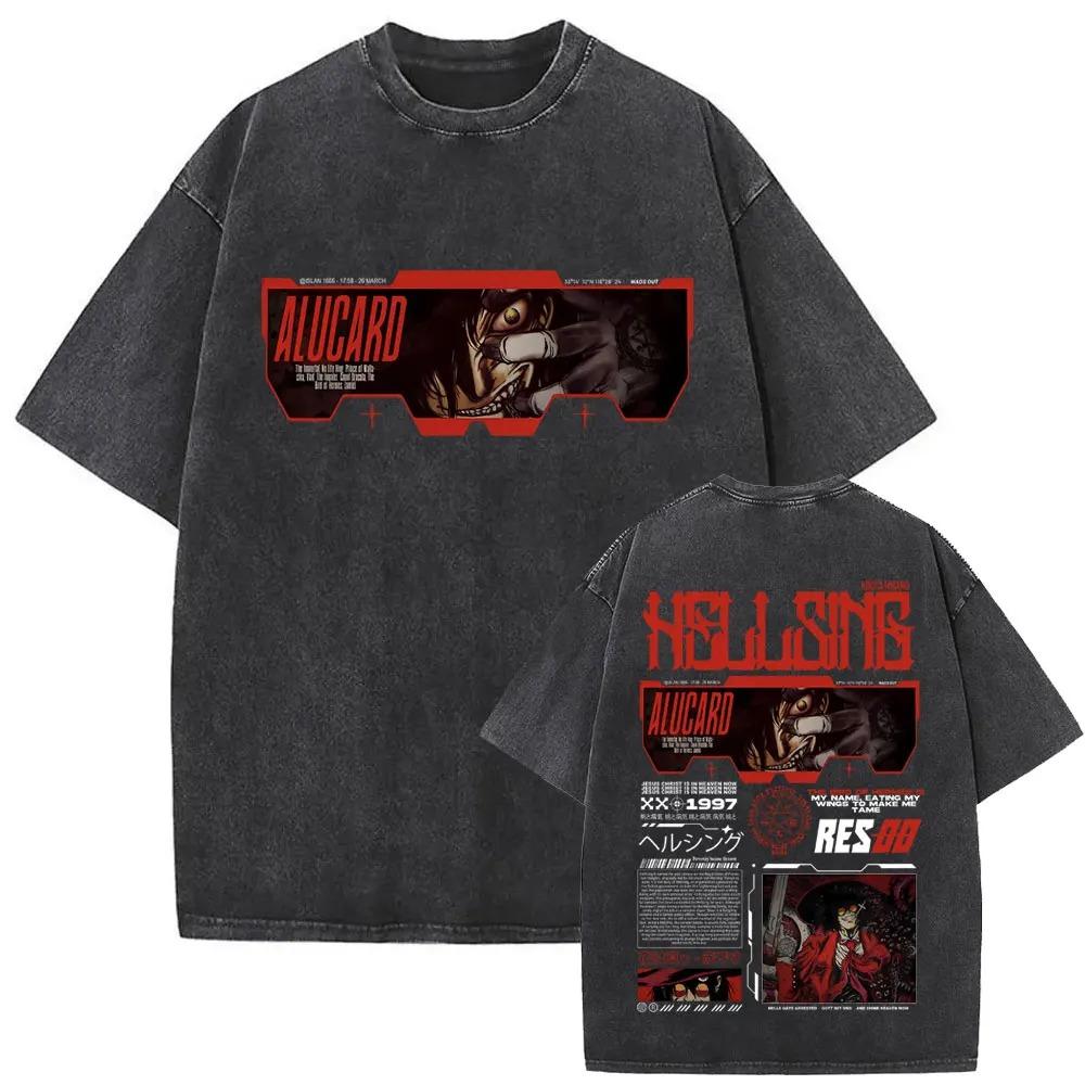 Hot Sale Anime Hellsing Abraham Van Helsing Vampire Alucard Print Tshirt Men Women Vintage Washed Cotton Summer Tee Oversize Top