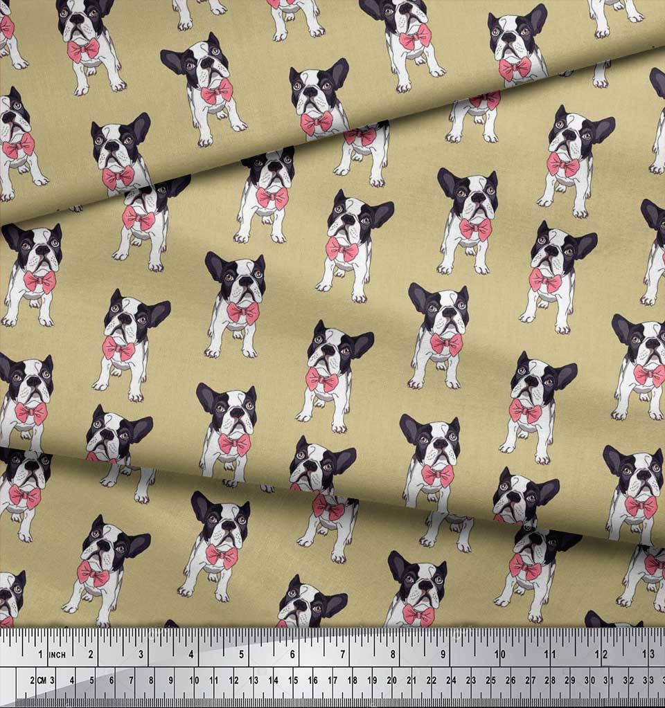 Soimoi Japan Crepe Satin Fabric Bow & Boston Terrier Dog Print Fabric by the Metre 42 Inch