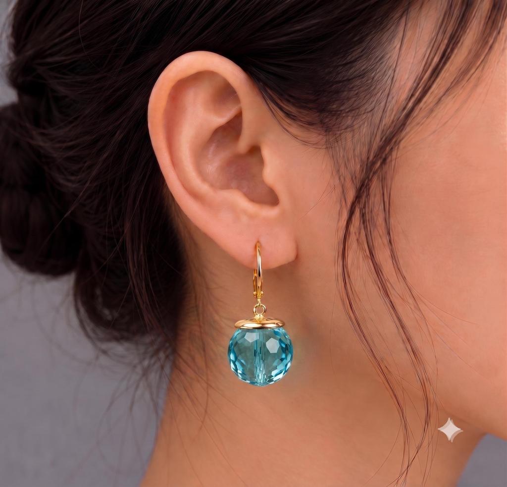 Blue Aquamarine Earring For Her, Ball Shape Gemstone, 925 Sterling Silver, Drop Dangle Earring, Gold Fill Leverback Earring, Women Jewelry