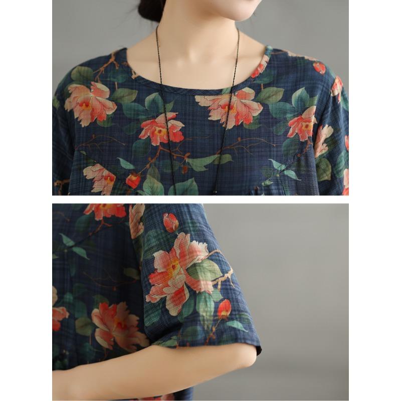 DIMANAF 2025 Летнее Винтажное Платье Большого Размера Женское Повседневное Платье Свободное Базовое С Цветочным Принтом Длинное Платье