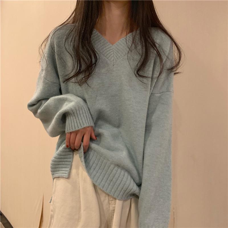 Женский свободный вязаный свитер: V-образный вырез, длинный рукав, корейский стиль, на весну, осень, зиму 2023 года.