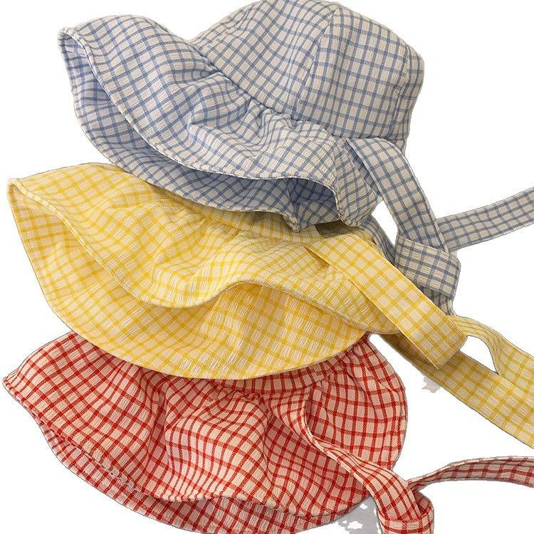 Sweet bow plaid bucket hat women's spring and summer new big eaves show small face travel shade sun hat