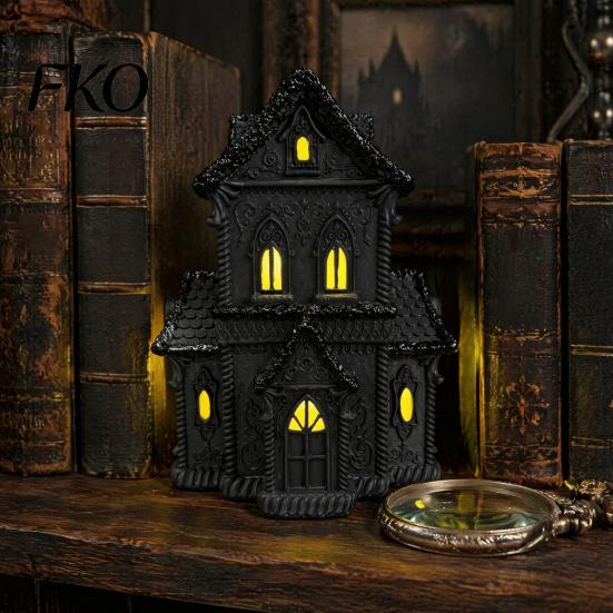 Lighted Gothic Home Decor Halloween Village House Statue with LED Light, Style Table Centerpiece Black Spooky Figurine for Tabletop Holiday
