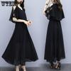 Chiffon Dress Long Hollowed Out Sleeves V-neck Large Swing Women's Dresses Summer Clothes Fat MM Large Size Show Thin Foreign Style