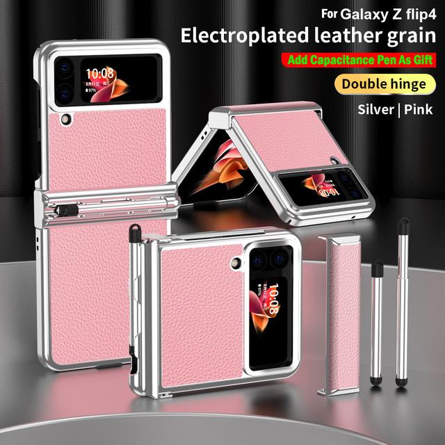 For Samsung Z Flip 4 Case Dual Hinge With Pen Slot Plating Leather Cover For Galaxy Z Flip 4 Hinge Case +Capacitance Touch Pen