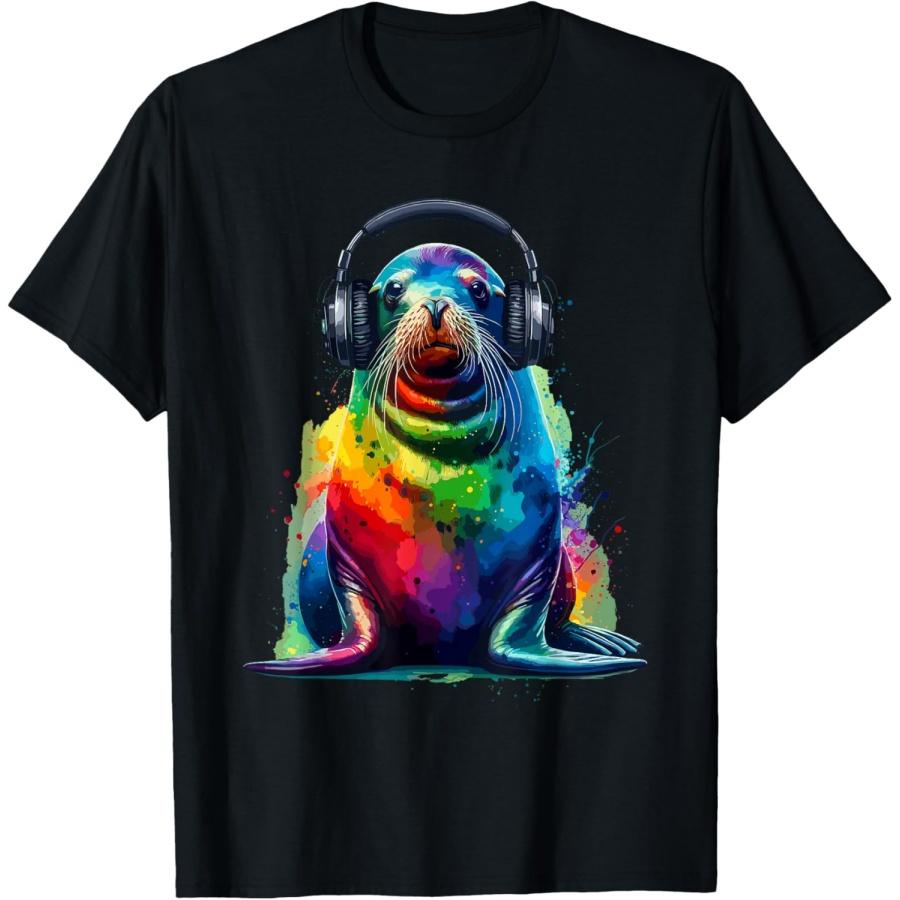 Colorful Splash Art Headphones Sea Lion Sea Lions T-Shirt