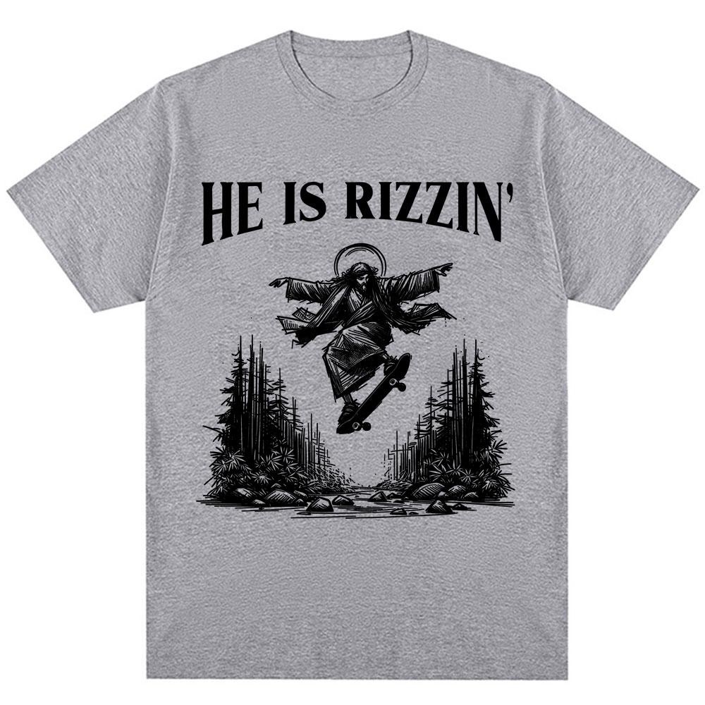 Vintage Funny He Is Rizzin Meme T Shirt Jesus Skateboarding T Shirts Unisex Unisex Christian Religious Loose Cotton Tee Shirts Gifts
