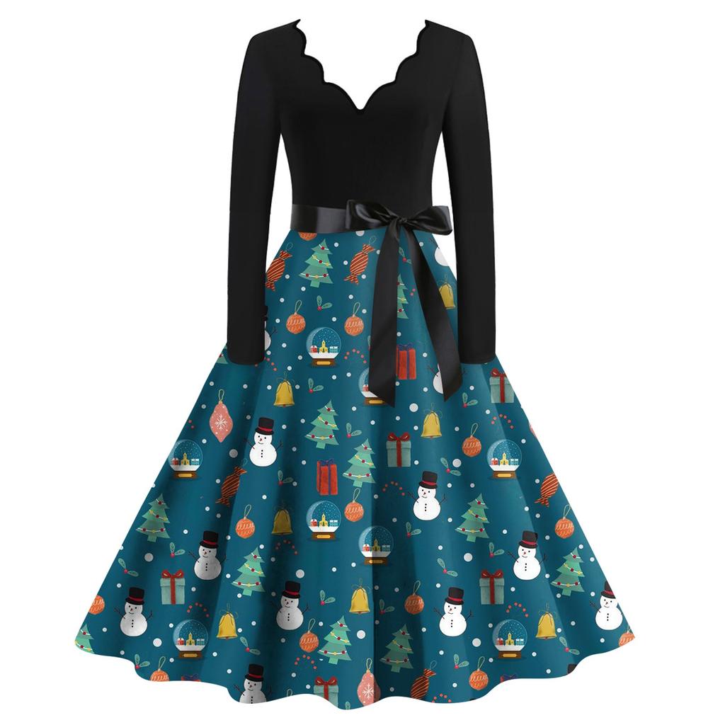 Женское женское повседневное модное рождественское платье в стиле ретро с v-образным вырезом и принтом