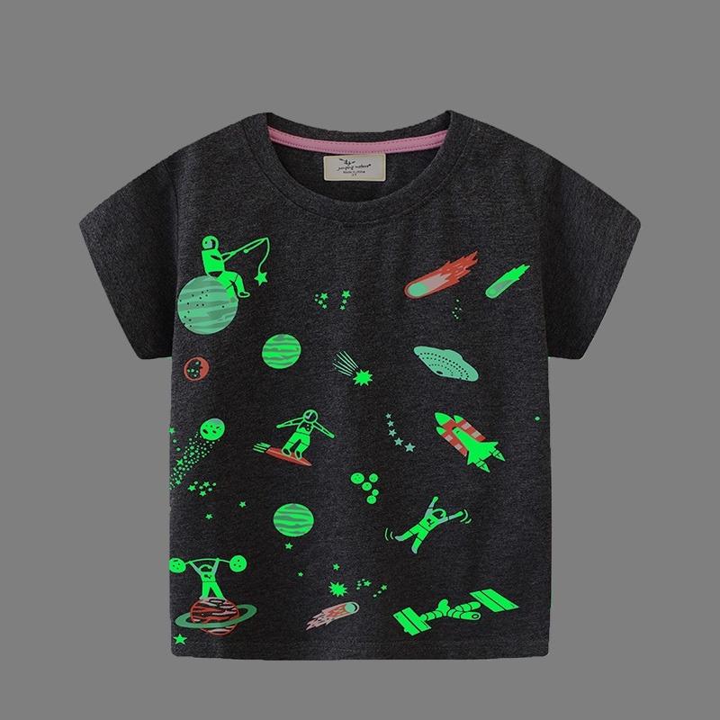 Kids Luminous Cartoon Dinosaur Space T-shirt 2-7 Years 100% Cotton Baby Boys Tees Summer New Short Sleeve Tops Dropshipping