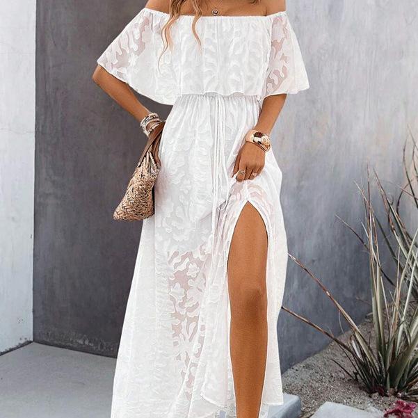 Женское летнее повседневное белое платье с открытыми плечами и вышитым кружевом с высоким разрезом