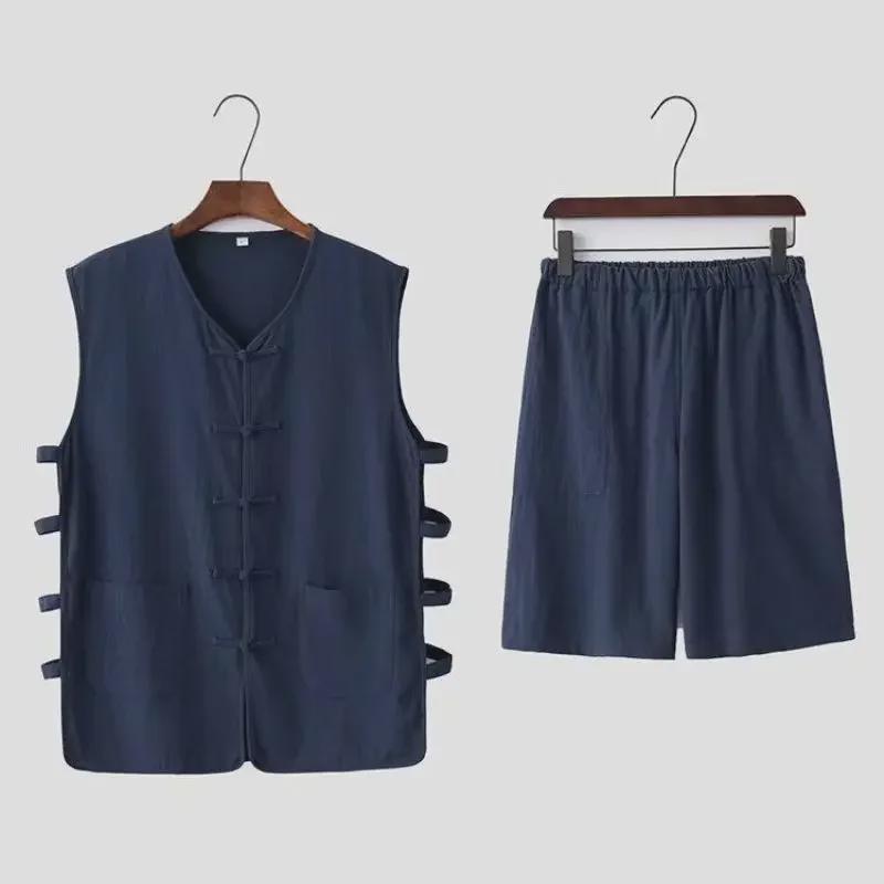 Мужской костюм Тан на весну и осень: Костюм из двух частей в китайском стиле из хлопка и льна с пуговицами