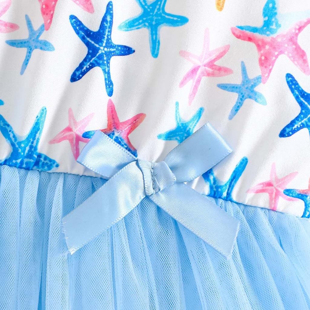 Cute Bow Print Ruffle Tulle Tutu Princess Dress for Girls 3-8 Years Sweet Style Summer Casual Party Wear Children Dress
