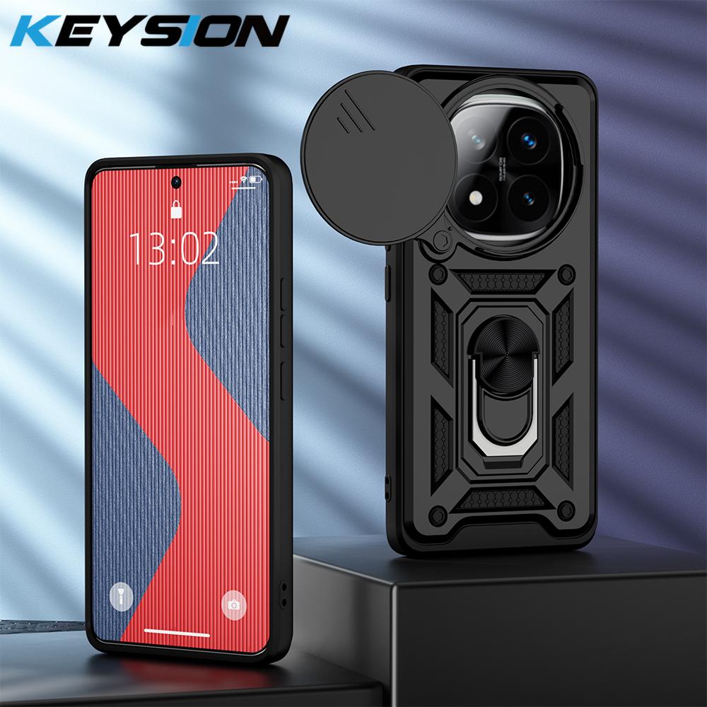 KEYSION Shockproof Case for Redmi Note 14 Pro + 5G 14 5G Slide Camera Protection Ring Stand Phone Back Cover for Xiaomi POCO X7
