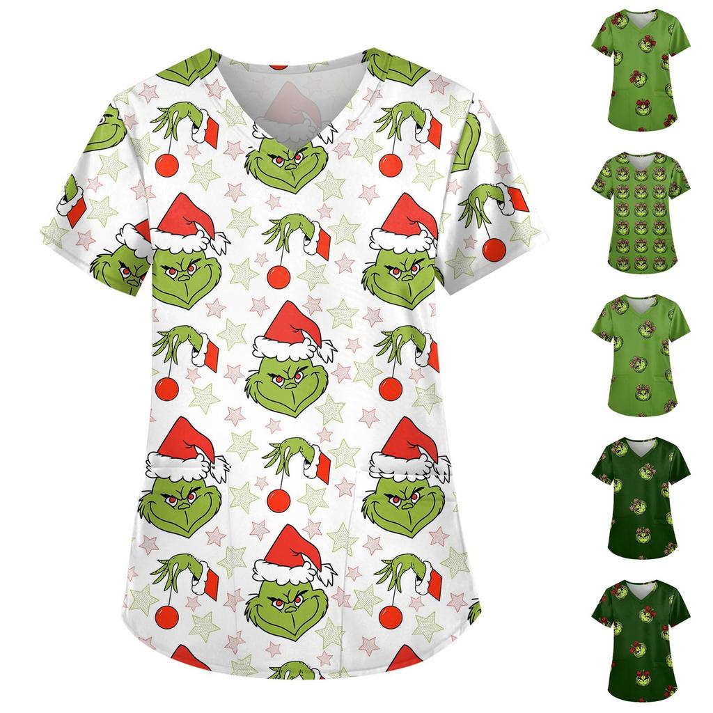 Women's Cute Printed Work Clothes V-neck Double Layer Pockets Basic Short Sleeve Top Pullover Christmas