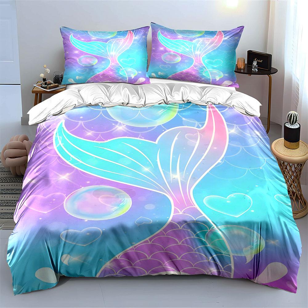 Pastel Gradient Mermaid Tail Bubble Heart Duvet Cover Set, Kawaii Girly Bedding Includes 1 Duvet Cover And 2 Pillowcase, Gift