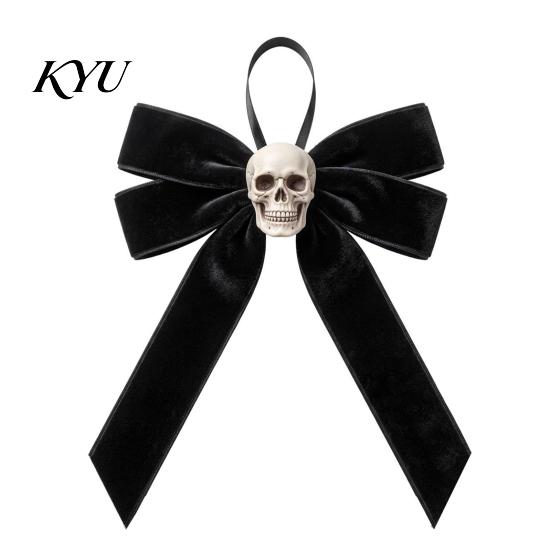 Black Velvet Skull Decor Halloween Bows with Ornaments for Tree Decoration, Gothic Pendant Flannel Bow Hanging Home Holiday Party Retro Distressed