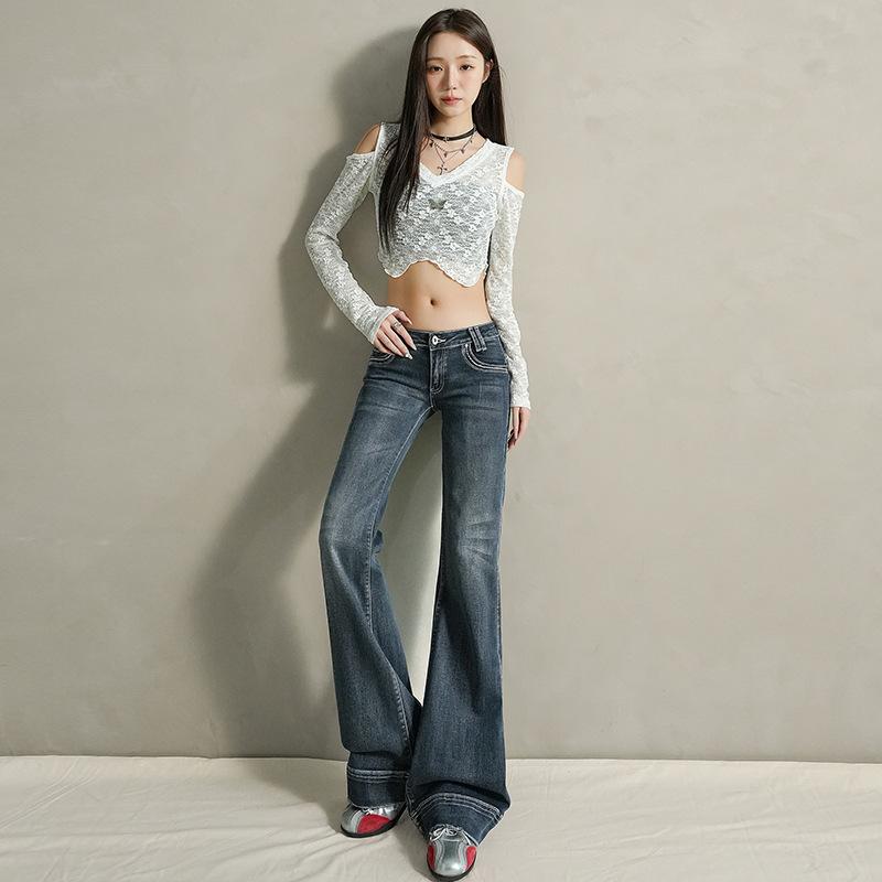 American low-rise micro-pull jeans women's autumn and winter new small elastic slim-fitting thin horn pants