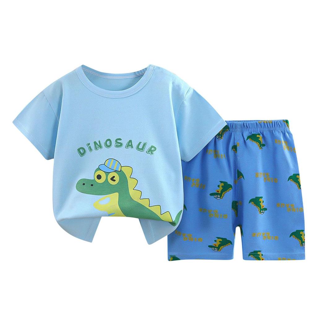 Короткие комплекты для мальчиков и девочек, милый динозавр с цветочным принтом, топы с короткими рукавами, короткие штаны с круглым вырезом, комплекты из двух предметов, одежда для детей