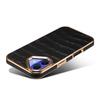 For iPhone 16 Case Genuine Cow Leather Crocodile Texture Electroplating Phone Cover - Black