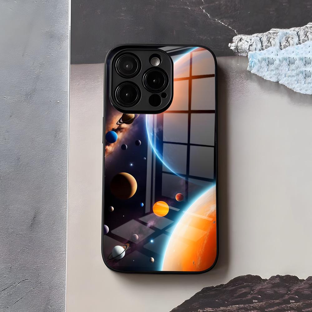 Space Planet Phone Case For IPhone 17 Air 16 E Pro Max 15 14 13 Mini 12 Pro 11 Max Plus Black Glass Cover