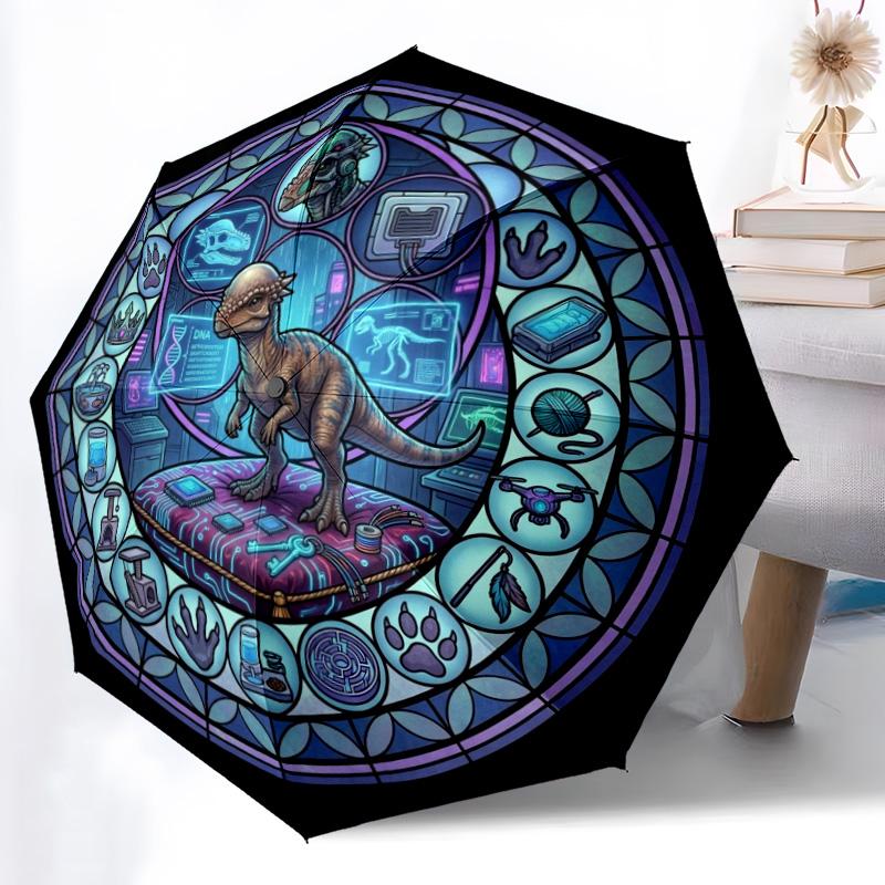 Cyber Dinosaur Lab pattern umbrella, portable and foldable design, 8 ribs, a casual accessory for Halloween, Christmas, and birthday gifts.