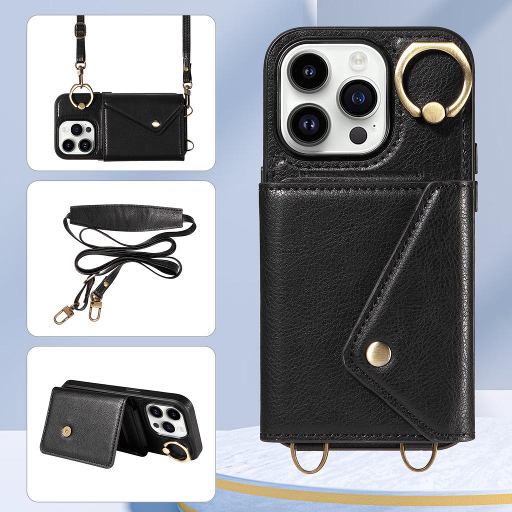 Для iPhone 16 серии. Для iPhone 16, 16 Plus, 16 Pro, 16 Pro Max плечевой ремень веревка кольцо кронштейн дизайн держатель для карт слоты личи узор чехол для телефона