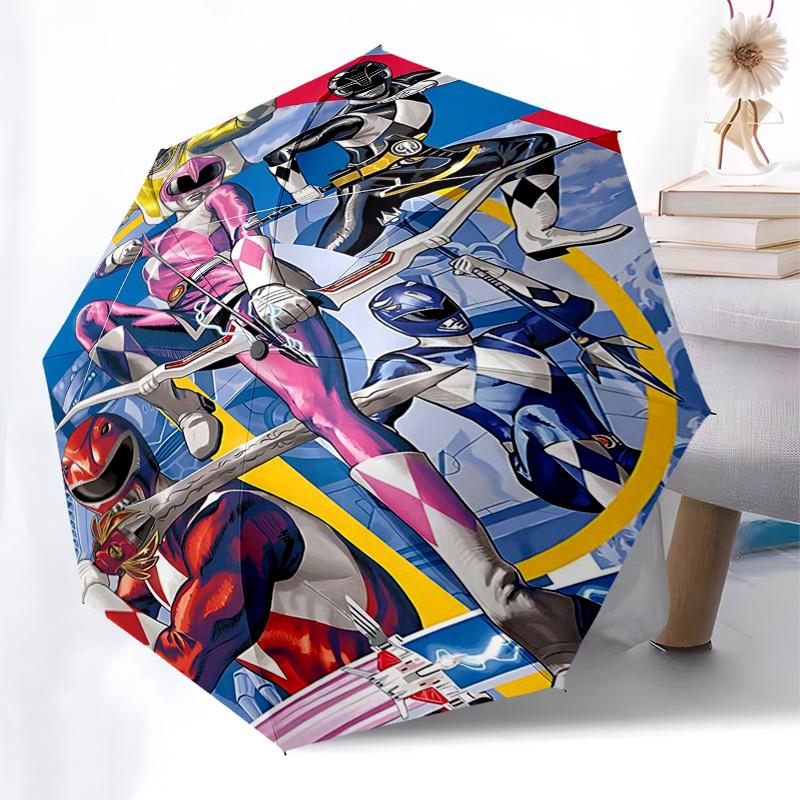 1pc Pink Ranger Auto Open Umbrella, Portable 3-Fold Design with Iron Frame, Outdoor for Fans, Travelers, Daily Use, Gift Idea.Y044