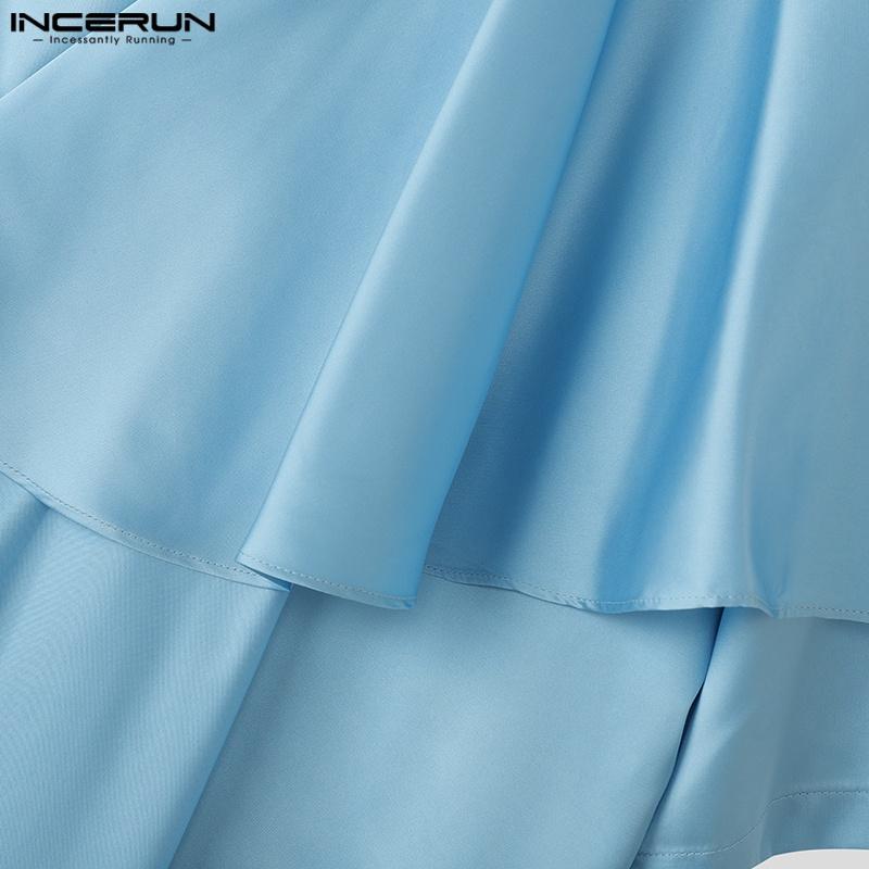 INCERUN Men Satnd Neck Short Sleeve Ireegular Layers Casual Satin T-shirts Tops