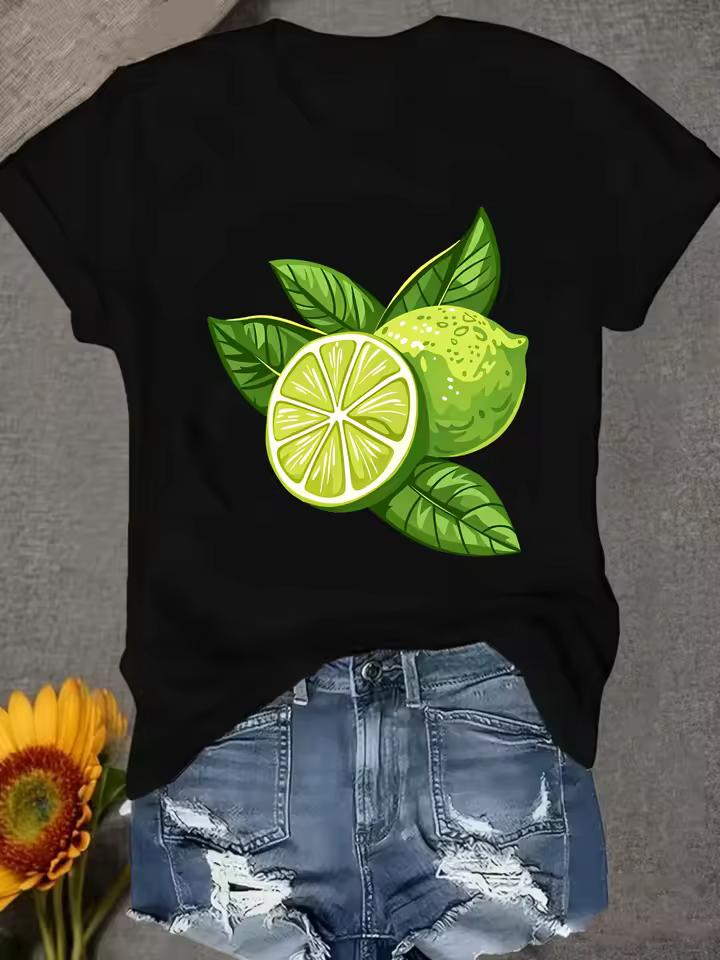 Lemon Slice Whole Lemon Leaves Pattern Casual Daily Wear Round-neck Pullover Summer Short Sleeved Harajuku Streetwear Tops Y2K