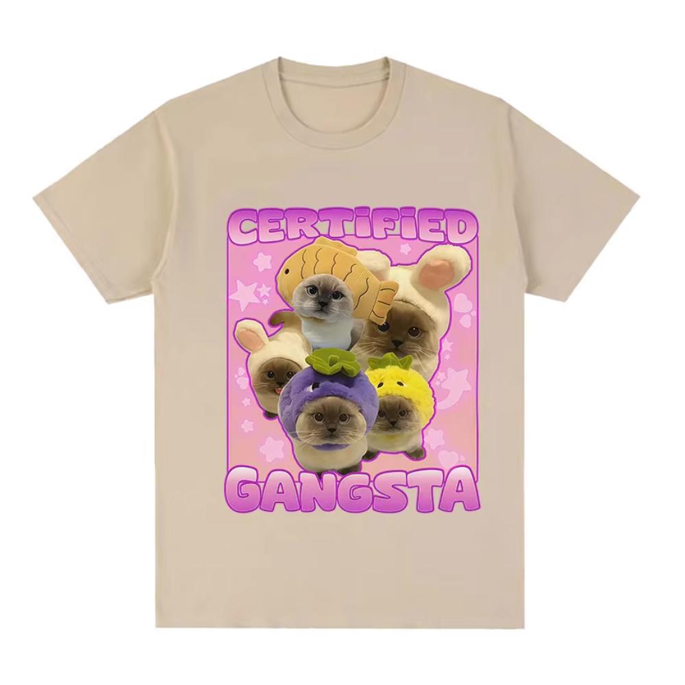 Certified Gangsta Funny Cat Meme T-shirts Men Women Cute Style Cotton Short Sleeve T Shirts Casual Oversized O-Neck Tops T Shirt