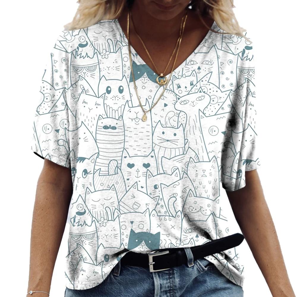Женская футболка с рисунком котенка в стиле аниме, одежда с принтом для девочек, блузка с v-образным вырезом, пуловер в стиле Харадзюку, летние футболки большого размера с короткими рукавами