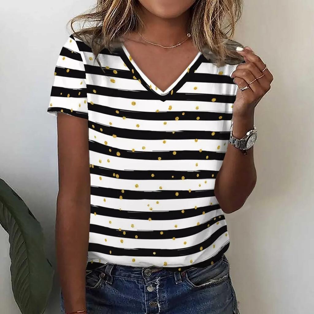 Summer Round Neck 3D Stripe Print T-shirts Fashionable Casual Short Sleeved Women's T-shirts