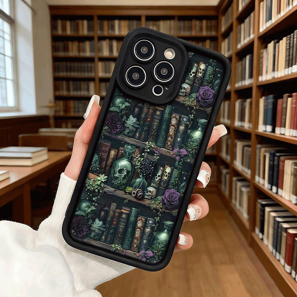 Готический книжный шкаф Черепа и розы Чехол для телефона для iPhone 17 16 15 14 13 12 11 Pro Max Plus Защитный, Гелевый, Гибкий, Защита от царапин