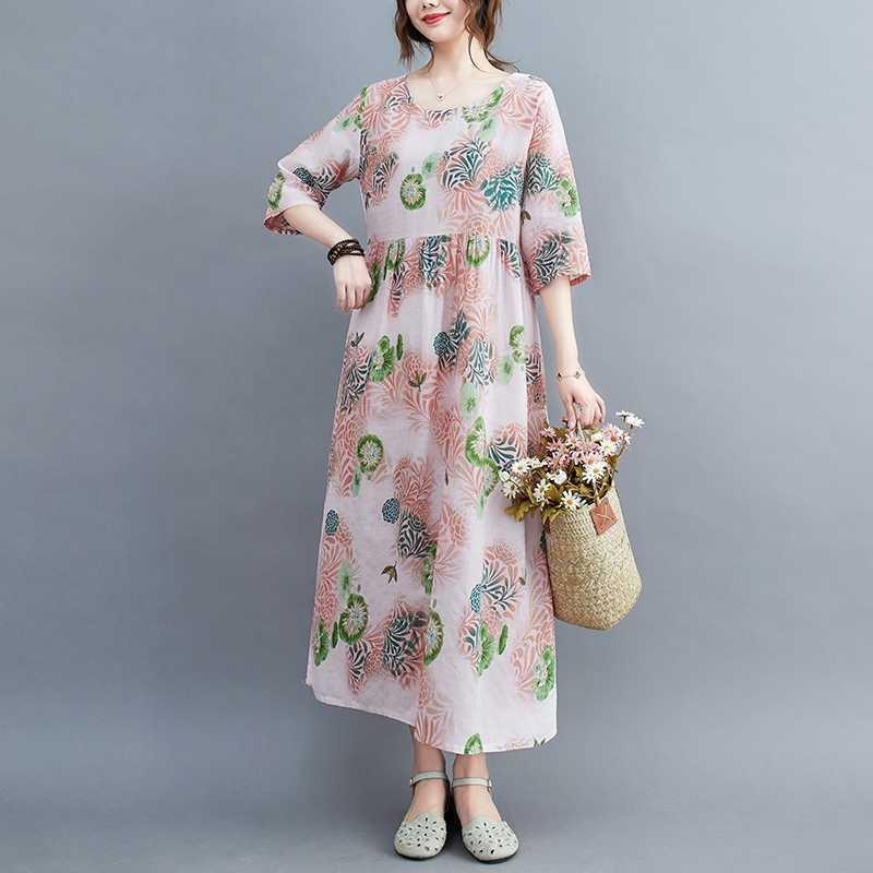 Летние новые большие размеры свободные тонкие круглые вырезы рукава пять минут женские платья для уменьшения возраста