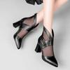 New Pattern Leather Net Yarn Baotou High-heeled Sandals Thick Heel Pointed Toe Hollow Net Boots Large Size