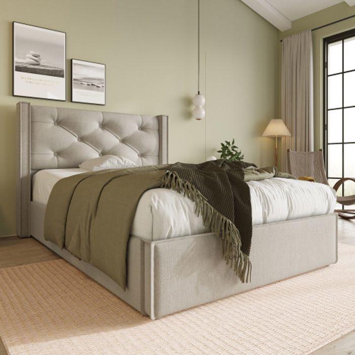 Lit simple hydraulique 90x200 cm - MUVOE - Rangement intégré - Gris clair - Design moderne - Confort rembourré