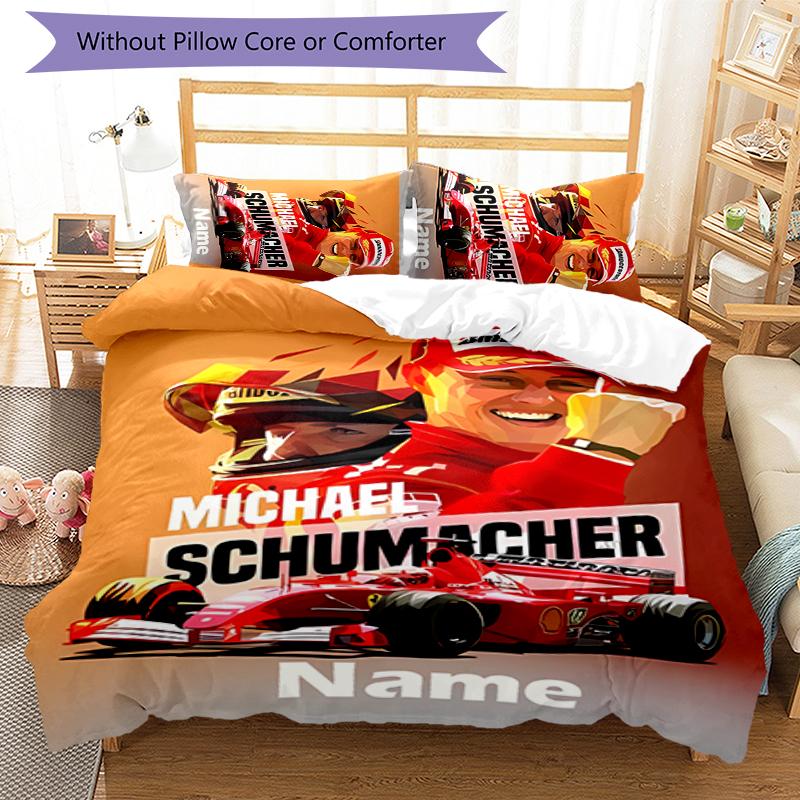 3pcs Custom Name Cartoon Michael Schumacher Bedding Set Duvet Cover Closure Includes 1 Duvet Cover & 2 Pillowcases for All Seasons Bedroom Decor