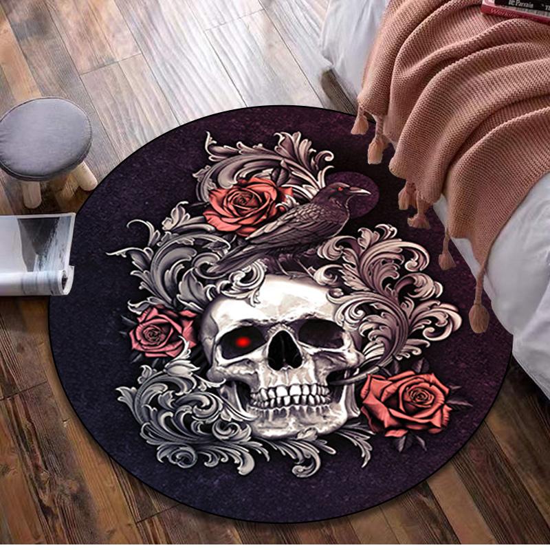 Skull Gothic Circular Rug Office Decorative Carpet For Living Room Bedroom Door Mat Floor Rug Computer Chair Area Rug Viking Theme Decor