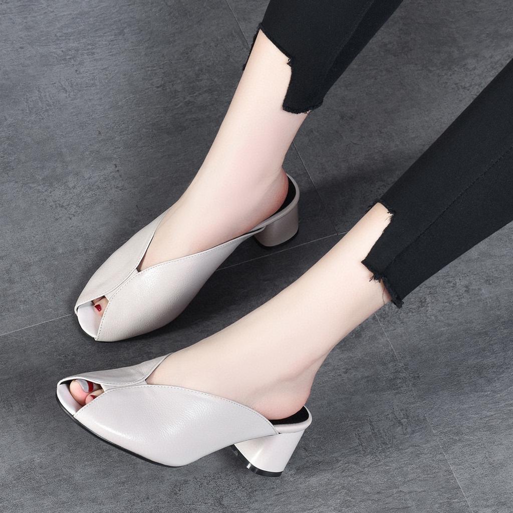 Женские туфли-шлепанцы на высоком каблуке 2025 лето европейский и американский стиль первый слой коровьей кожи с открытым носком толстый каблук сандалии женская мода