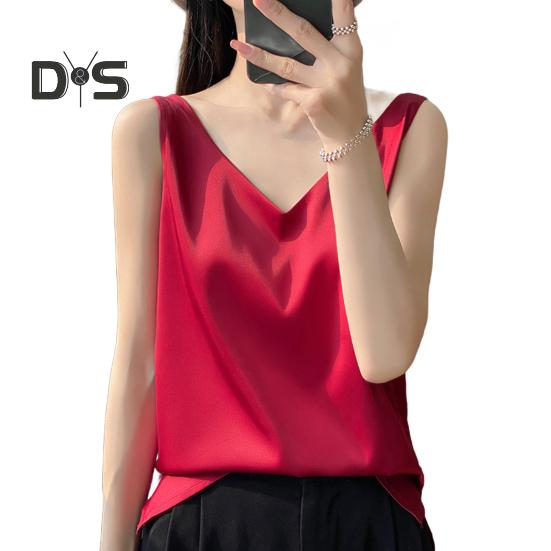 Женский жилет с V-образным вырезом без рукавов, однотонные топы свободного кроя из гладкого атласа, универсальная повседневная одежда