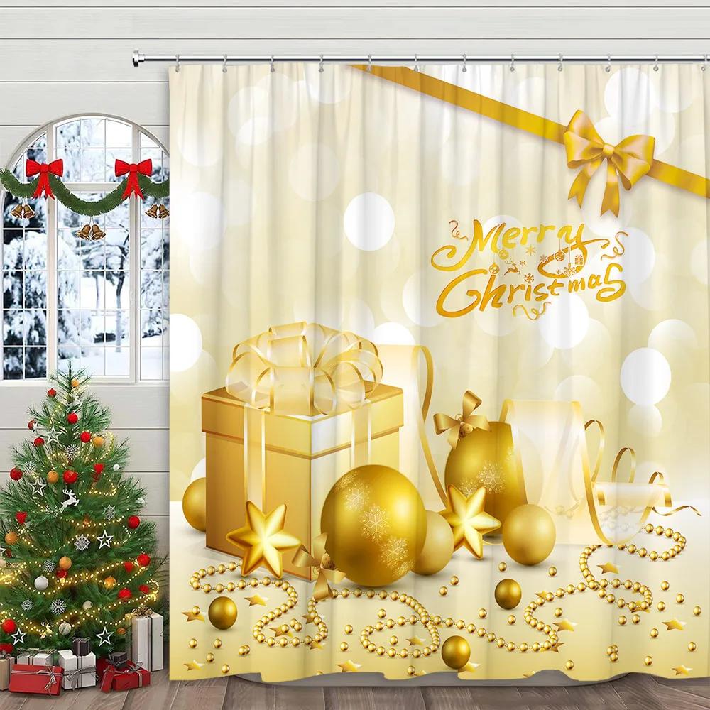 Christmas Ball Shower Curtain Christmas Pine Tree Gift Winter Snowflake Cartoon Family Polyester Fabric Bathroom Decor Curtains