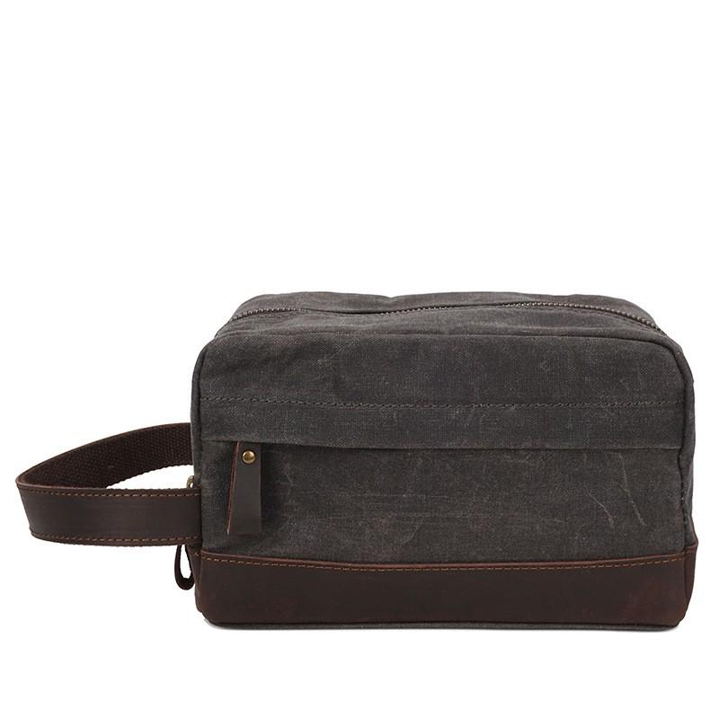 Mens Wax Canvas Toiletry Bag Vintage Handheld Clutch With Leather Wrist Strap Travel Grooming Pouch