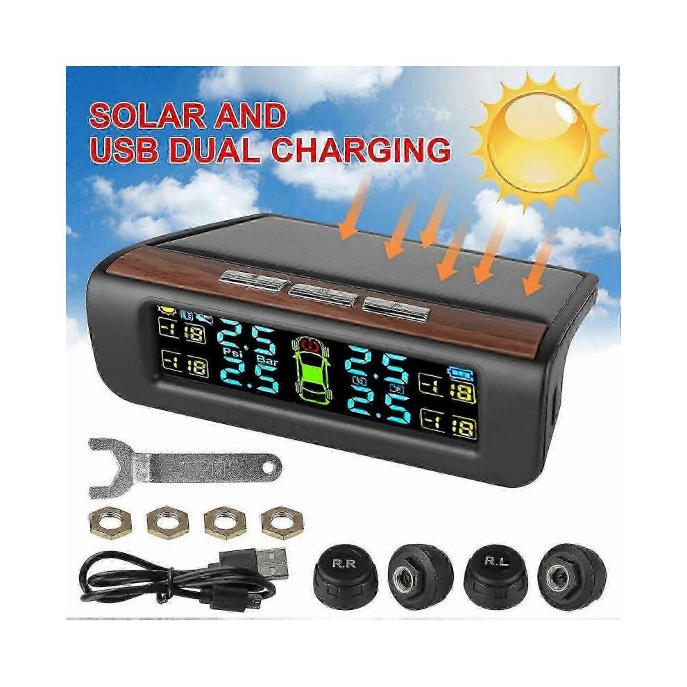 Wireless Solar TPMS LCD Car Tire Pressure Monitoring System with 4 External Sensors Solar Automatic